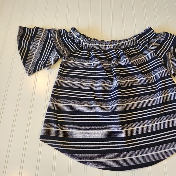 Moa Moa Large Blue White Striped Short Sleeve Blouse - Picture 2 of 9